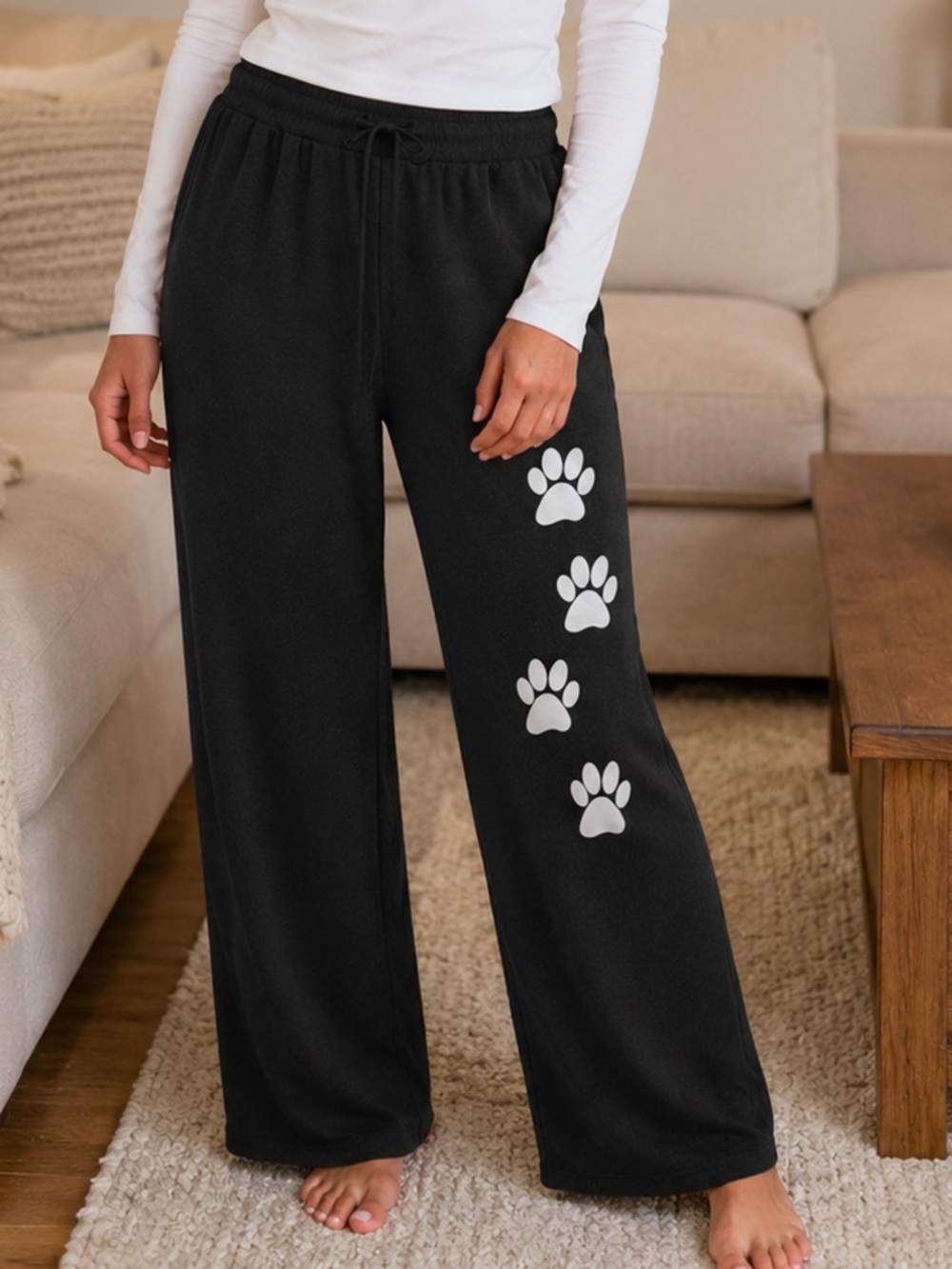 🌸 Wide-Leg Lounge Pants with White Paw Prints - Charcoal Gray